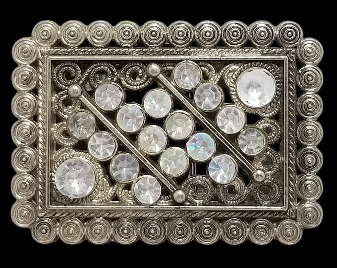 VTG Belt Buckle Women Abstract Silver Color Clear Rhinestones Victorian Western
