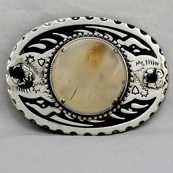 Western Belt Buckle Oval Scything Agate Stone Silver Tone Cowboy USA Made