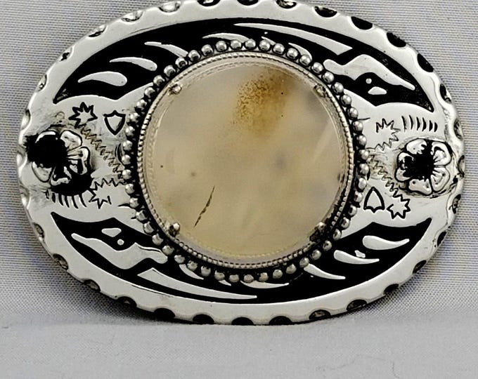 Western Belt Buckle Oval Scything Agate Stone Silver Tone Cowboy USA Made