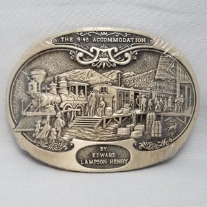 Vintage Belt Buckle NEW Solid Brass Train Station The 9:45 Accommodation USA