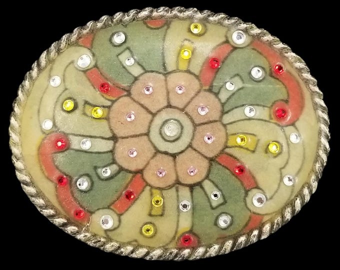 Oval Western Rhinestone Belt Buckle Floral Design Enamel Women USA Made