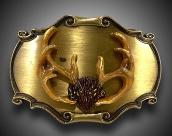 Vintage Belt Buckle 1980 Moose Buck Deer Antlers USA Made By Raintree Gift