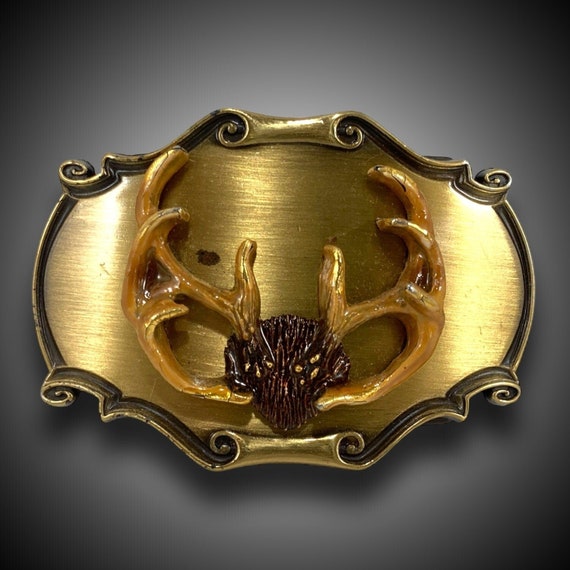 Vintage Belt Buckle 1980 Moose Buck Deer Antlers USA Made By Raintree Gift