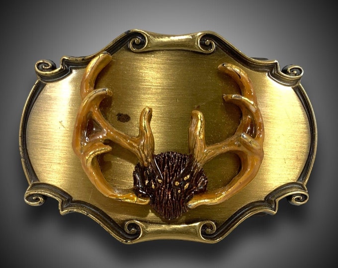 Vintage Belt Buckle 1980 Moose Buck Deer Antlers USA Made By Raintree Gift