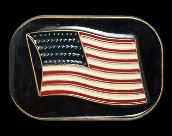 Vintage Belt Buckle Brass American Flag Stars And Stripes Patriotic USA