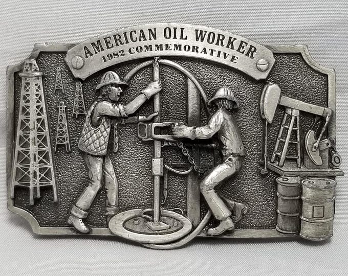 Vintage 1982 Pewter Belt Buckle: American Oil Worker Commemorative