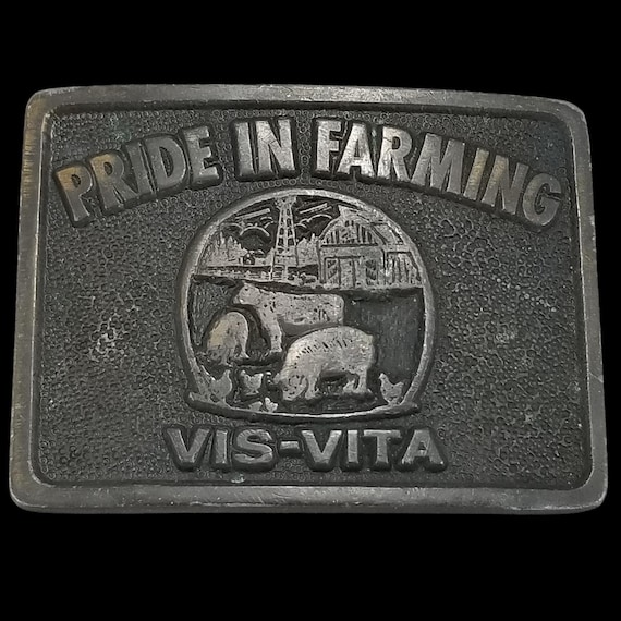 Pride in Farming VIS-Vita Belt Buckle Vintage Brass Farm Animal Country Western