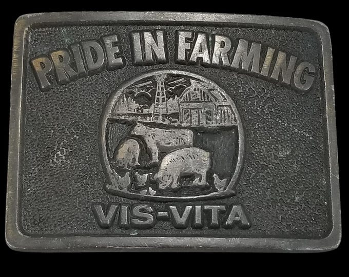 Pride in Farming VIS-Vita Belt Buckle Vintage Brass Farm Animal Country Western
