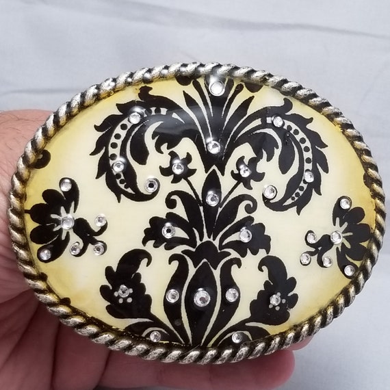 Belt Buckle Women's D.I. Rhein Crafted Pewter Enamel And Rhinestone Filigree