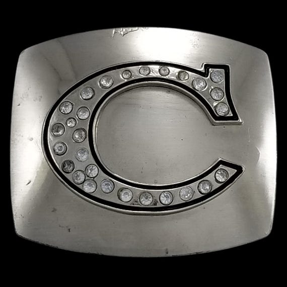 Silver Tone Belt Buckle with Rhinestone Letter C Initial Fashion Accessory