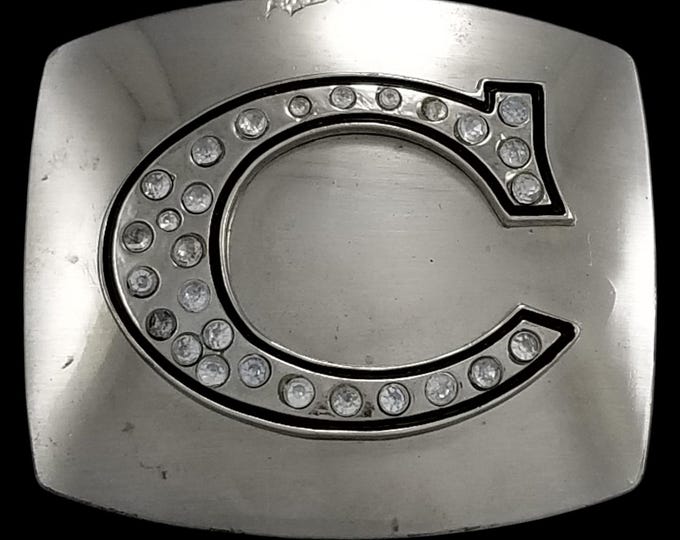 Silver Tone Belt Buckle with Rhinestone Letter C Initial Fashion Accessory