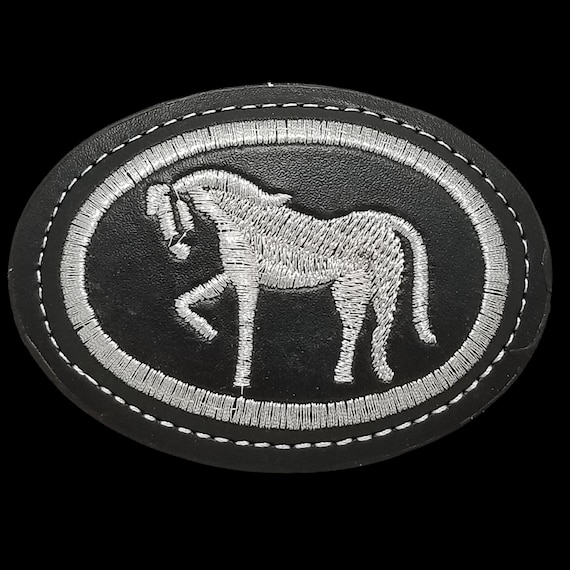 Vintage Western Belt Buckle – Embroidered Horse on Black Leather – Rodeo Style