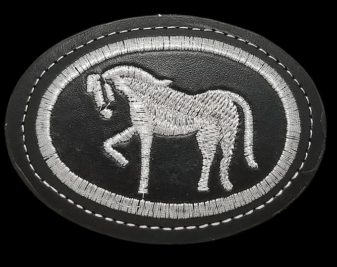 Vintage Western Belt Buckle – Embroidered Horse on Black Leather – Rodeo Style