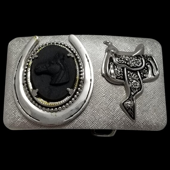 Vintage Belt Buckle Embossed Horseshoe Horse Head Horse Saddle Western Cowboy