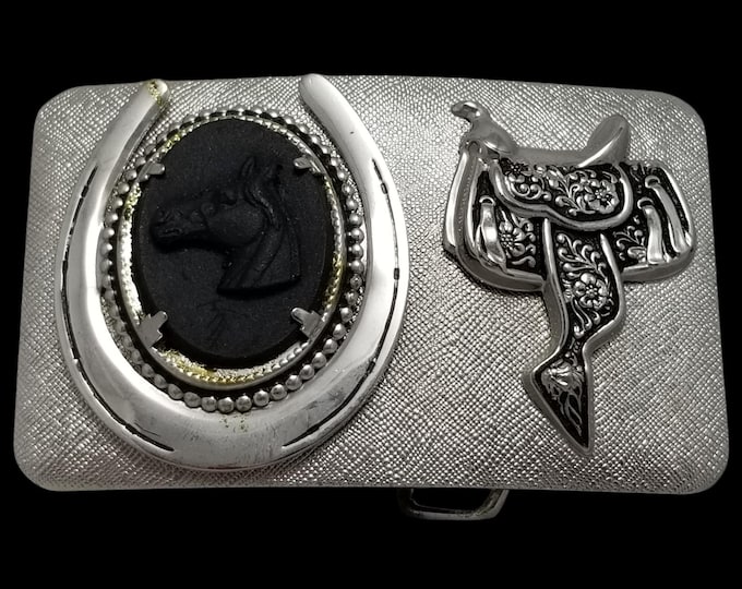 Vintage Belt Buckle Embossed Horseshoe Horse Head Horse Saddle Western Cowboy