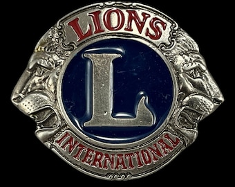 Belt Buckle Lions Club International Silver Tone Blue Red Enamel Lions Logo 2011