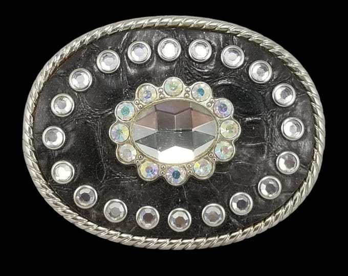 Belt Buckle Oval Western Unbranded Black Faux Croc Rhinestone Crystal Rope Edge