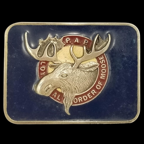 Vintage P.A.P Belt Buckle, Loyal Order of the Moose, Pewter Blue Enamel