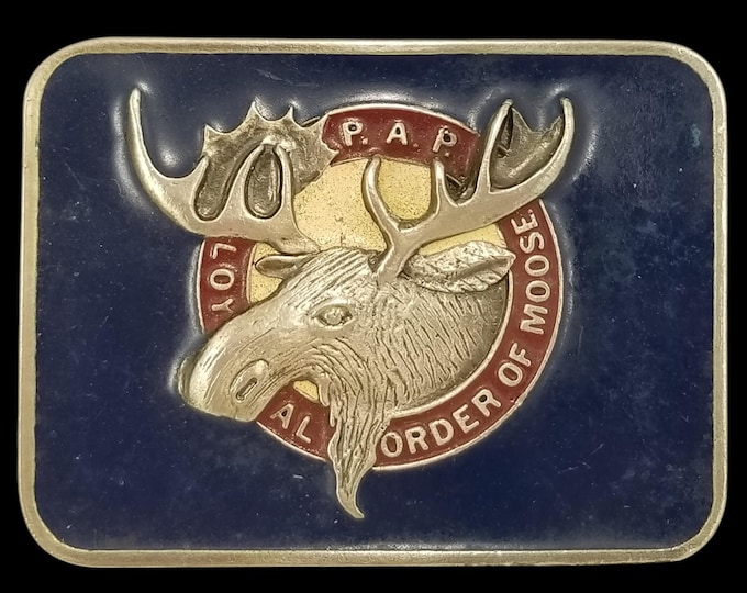 Vintage P.A.P Belt Buckle, Loyal Order of the Moose, Pewter Blue Enamel