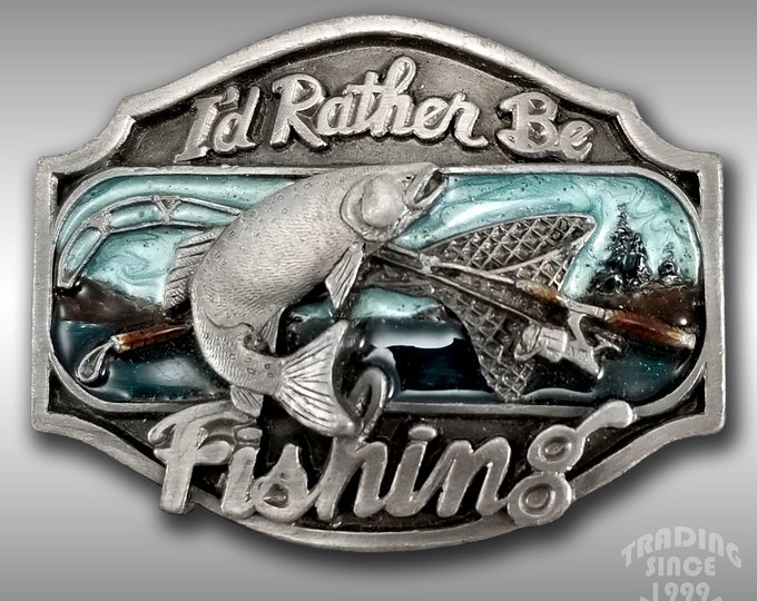 Vintage I'd Rather Be Fishing Belt Buckle Rio Grande Buckle Co. 1989 Pewter