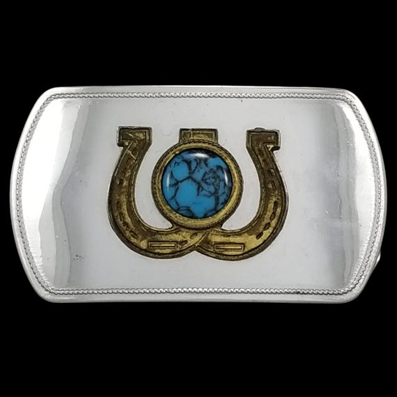 Steel Belt Buckle – Gold Color Horseshoe with Turquoise Stone Western USA Made