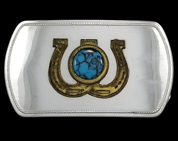 Steel Belt Buckle – Gold Color Horseshoe with Turquoise Stone Western USA Made