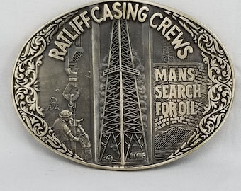 Vintage Belt Buckle Solid Brass Ratliff Casing Crews Mans Search For Oil Drilling Refinery USA Made By ADM Award Design Medals, Inc