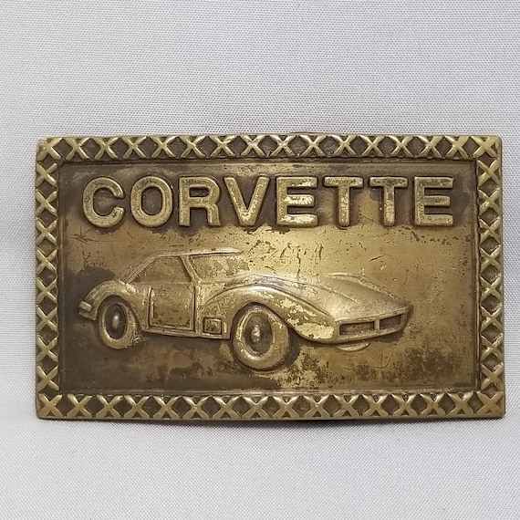 Vintage Belt Buckle Solid Brass 1970s Chevy Corvette Stingray C3 Taiwan Made