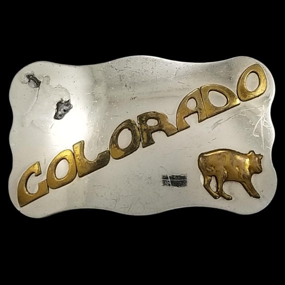 Vintage Belt Buckle Nickel Silver Colorado State Silver And Gold Color Embossed