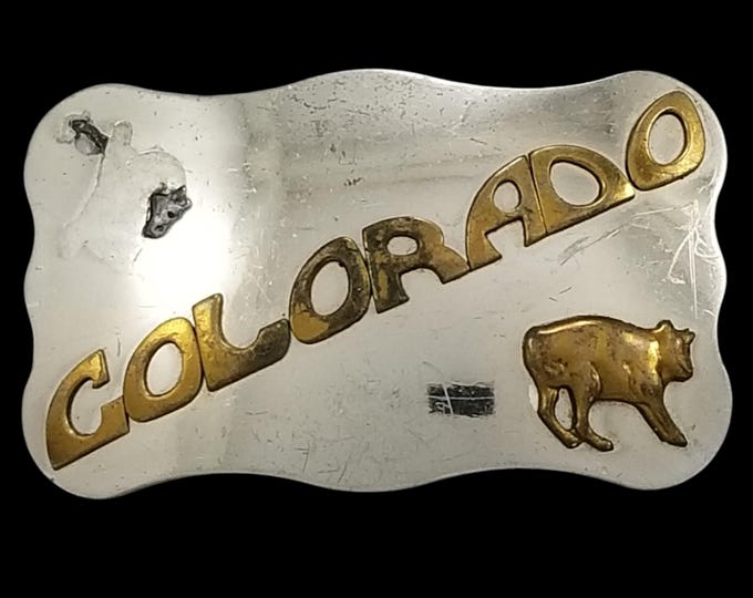 Vintage Belt Buckle Nickel Silver Colorado State Silver And Gold Color Embossed