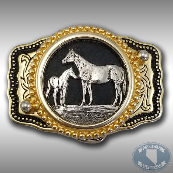 Vintage Belt Buckle Horse And Pony Filigree Western Made In The USA