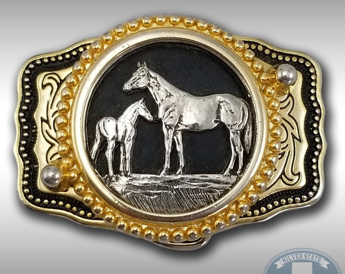Vintage Belt Buckle Horse And Pony Filigree Western Made In The USA