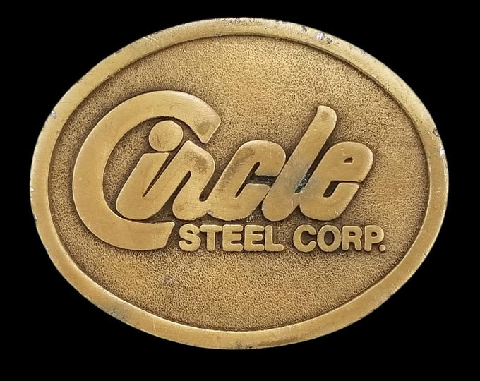 Vintage Circle Steel Corp Belt Buckle Hit Line USA Gold Tone Industrial Logo