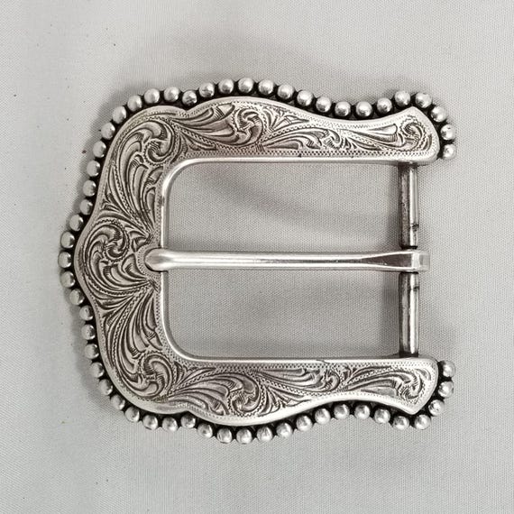 Vintage Western Silver Belt Buckle, Engraved Scrollwork Beaded Edge Frame. Made in Taiwan
