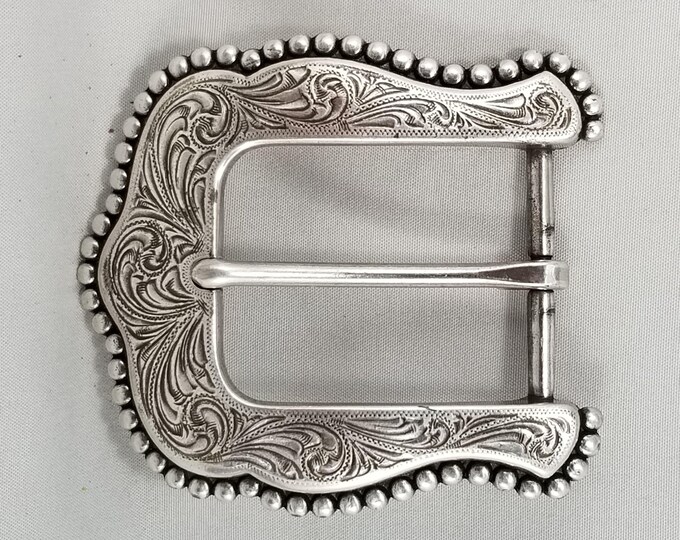 Vintage Western Silver Belt Buckle, Engraved Scrollwork Beaded Edge Frame. Made in Taiwan