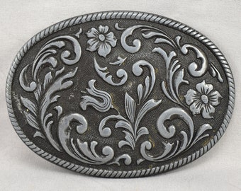 Boucle de ceinture vintage fleurs en filigrane corde western bord gravé en relief USA