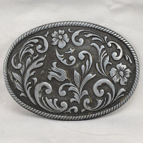 Vintage Belt Buckle Flowers Filigree Western Rope Edge Engraved Embossed USA