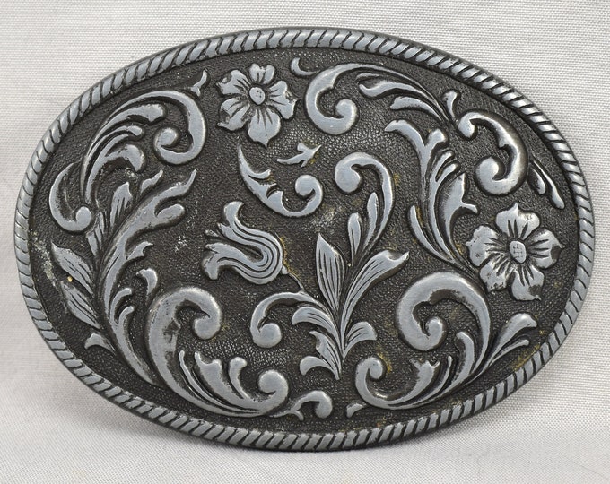 Vintage Belt Buckle Flowers Filigree Western Rope Edge Engraved Embossed USA