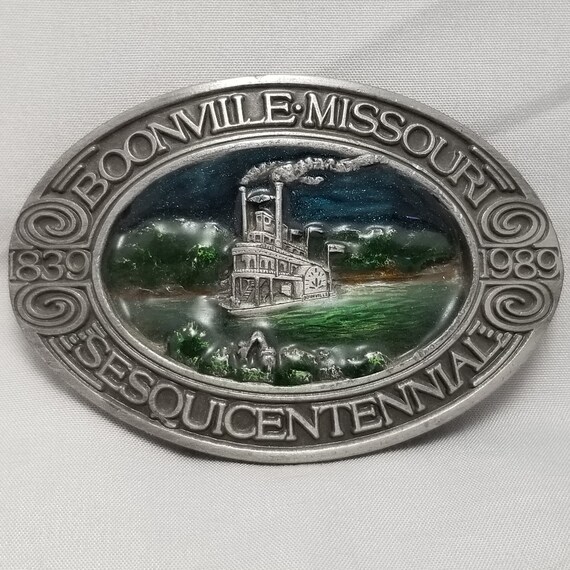 Belt Buckle Pewter Boonville Missouri River Sesquicentennial 1839 - 1989 Steambo