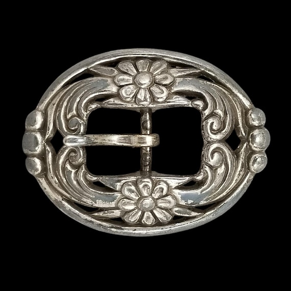 Belt Buckle Floral Taiwan Vintage Silver Tone Ornate Oval Scrollwork Design