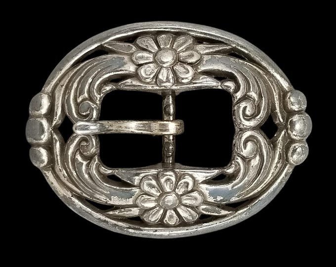 Belt Buckle Floral Taiwan Vintage Silver Tone Ornate Oval Scrollwork Design