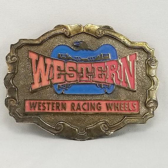 Vintage Belt Buckle Brass Western Racing Wheels Western Patriotic