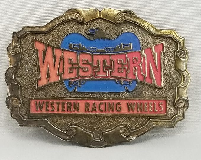 Vintage Belt Buckle Brass Western Racing Wheels Western Patriotic