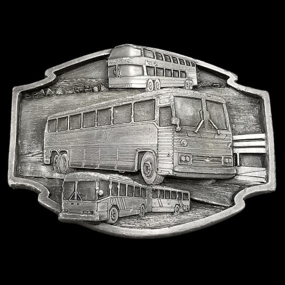 Vintage Buses Move The World Belt Buckle USA Made Pewter Novelty Transportation