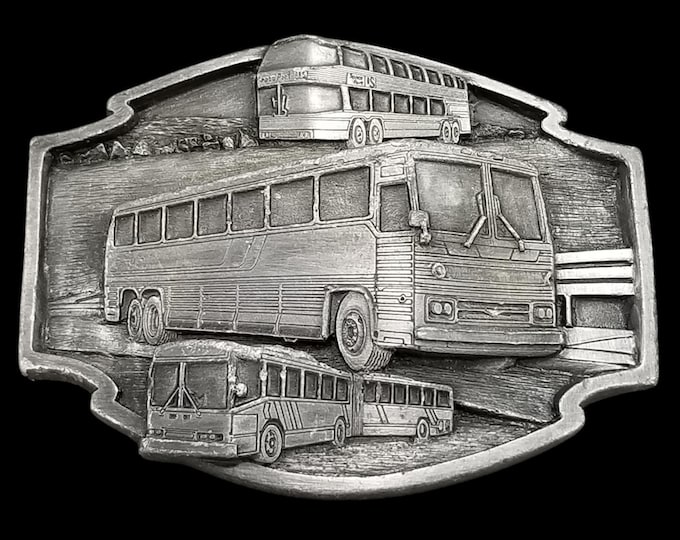 Vintage Buses Move The World Belt Buckle USA Made Pewter Novelty Transportation