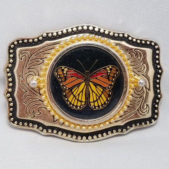 Vintage Belt Buckle Colorful Butterfly Gold Color Western Filigree Made In USA
