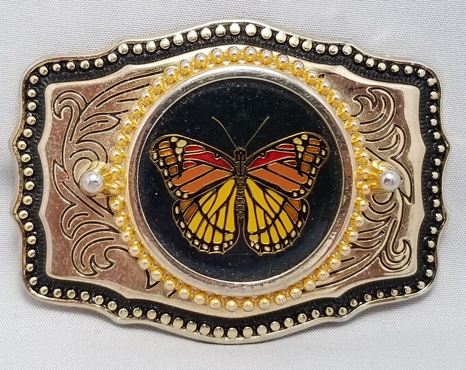 Vintage Belt Buckle Colorful Butterfly Gold Color Western Filigree Made In USA