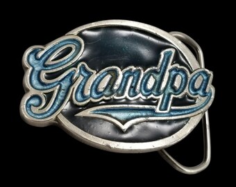 Hebilla de cinturón pequeña vintage de abuelo, esmaltada en peltre azul, fabricada en EE. UU. en 1987