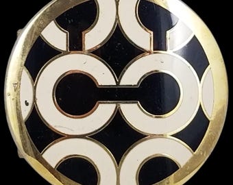 Coach Signature C Logo Round Belt Buckle Gold Tone Black Cream Vintage