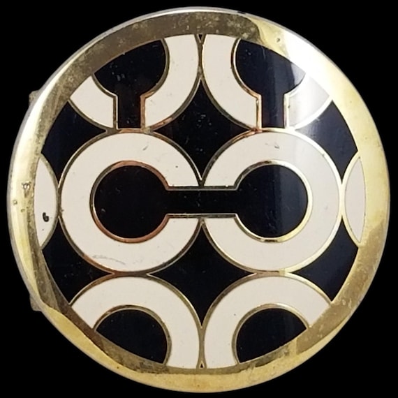 Coach Signature C Logo Round Belt Buckle Gold Tone Black Cream Vintage